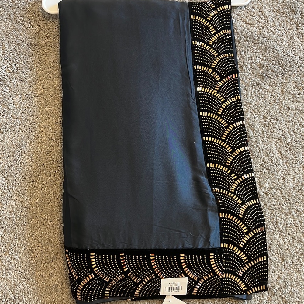 Dark gray saree with black velvet embroidered border and semi stitched blouse
